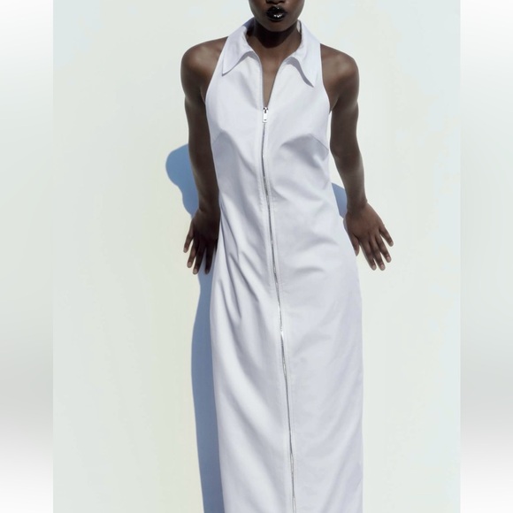 Zara NWT midi gabardine white zipper front collared dress - Picture 2 of 9